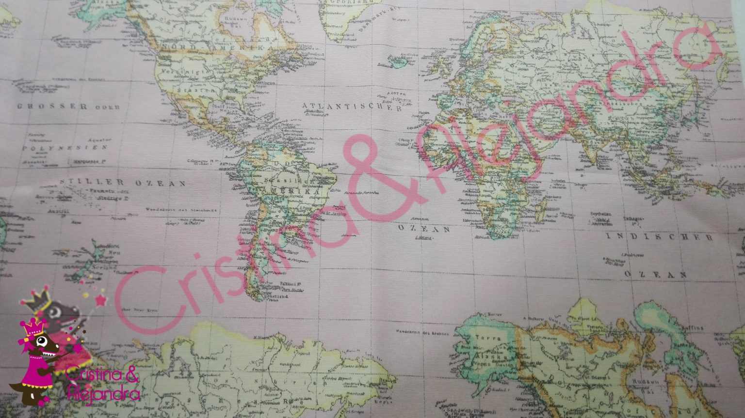 Tela loneta mapamundi rosa. Ref 344